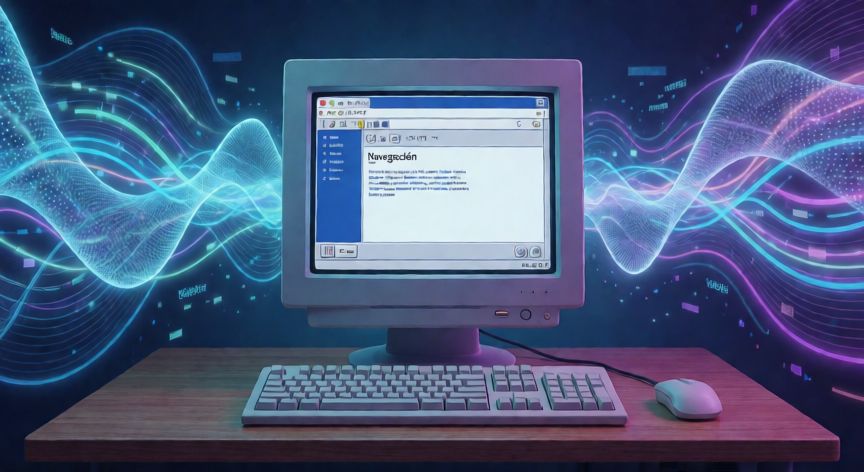 que paso 8 de mayo, Representación artística del lanzamiento de Netscape Navigator en 1995 con estética de años 90