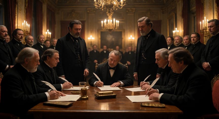 que paso 9 de diciembre, Firma de la Convención de Ginebra en un salón histórico del siglo XIX
