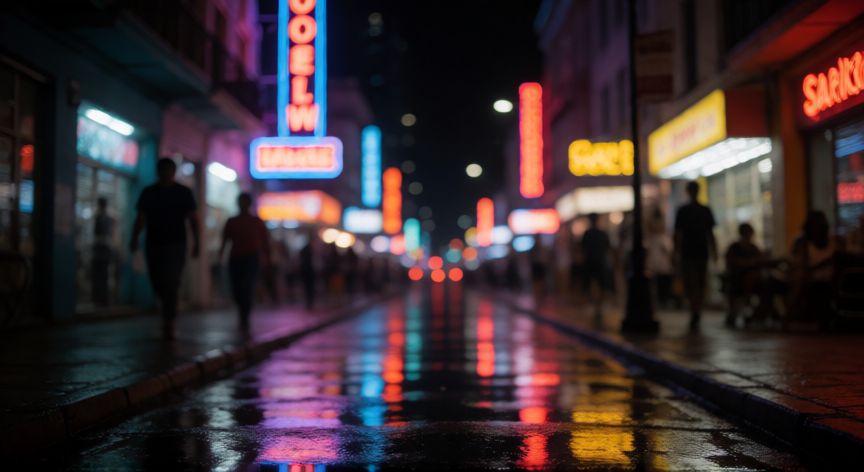que paso bebe wisin, Calle urbana nocturna con luces neón reflejadas en el suelo mojado