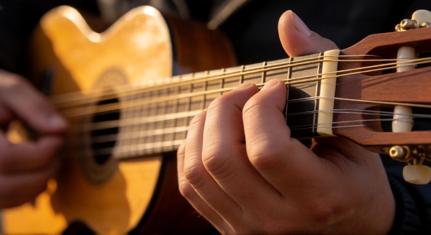que paso bella luz letra, Detalle de manos tocando una guitarra tradicional con luz cálida y dorada