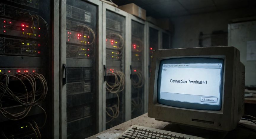 que paso bersuit, Sala de servidores abandonada con luces rojas y pantalla de error