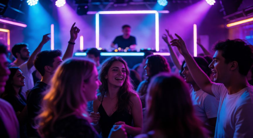 que paso bobby dj letra, Multitud bailando en un club nocturno con luces de neón durante una sesión de DJ