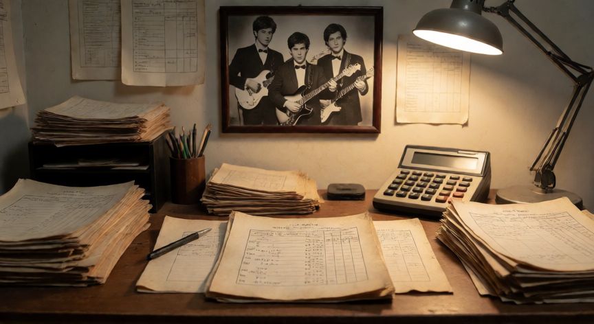 que paso con el padre de michael jackson, Escritorio con documentos financieros antiguos y foto de banda enmarcada