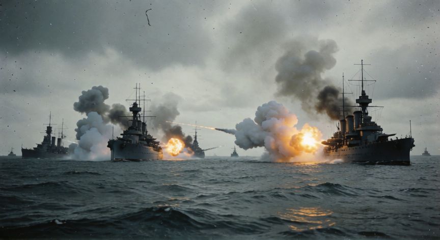 que paso con las malvinas, Escena de la guerra naval en las Malvinas con buques y explosiones
