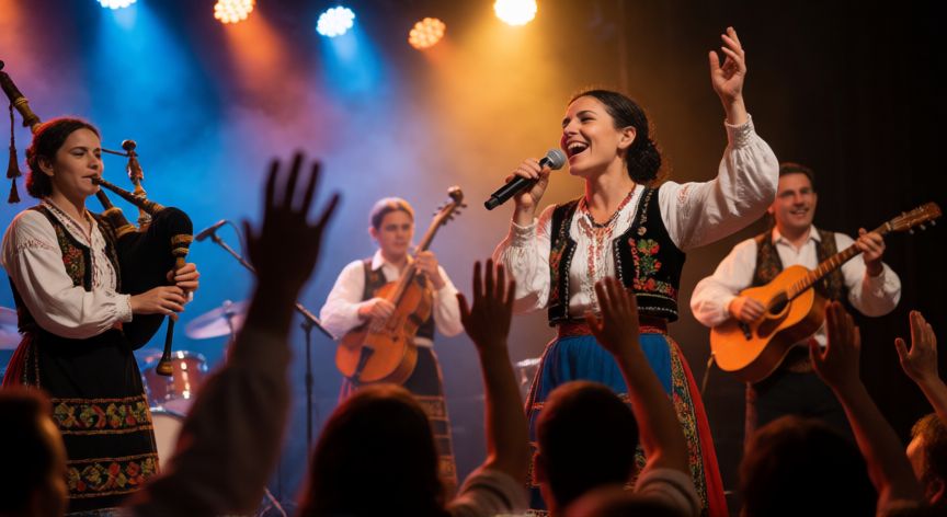 que paso con las tanxugueiras, Banda Las Tanxugueiras en concierto con instrumentos tradicionales gallegos y luces de escenario