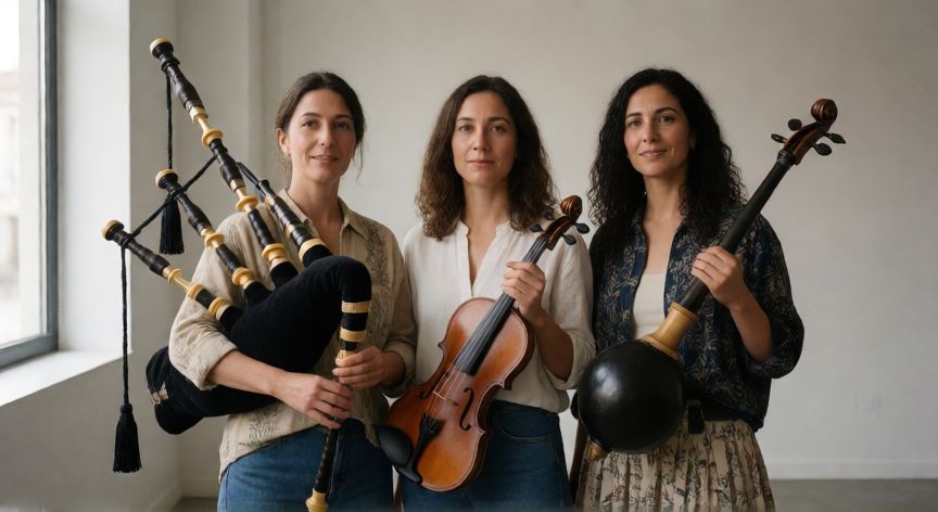 que paso con las tanxugueiras, Retrato de las tres integrantes de Las Tanxugueiras sosteniendo sus instrumentos en un estudio moderno