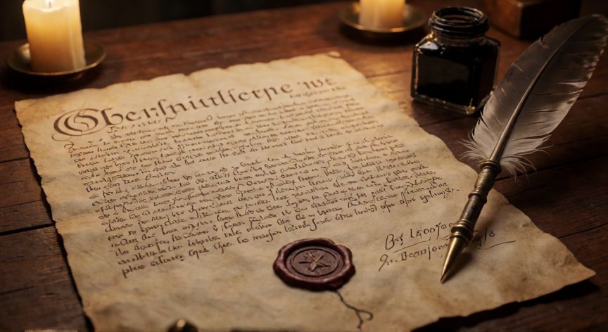 que paso del 4 al 15 de octubre de 1582, Documento histórico y pluma sobre una mesa de madera con luz de vela