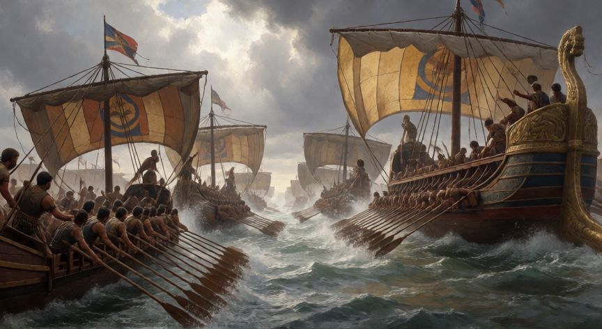 que paso despues de la batalla de las termopilas, Batalla naval de Salamina con trirremes griegos embistiendo barcos persas