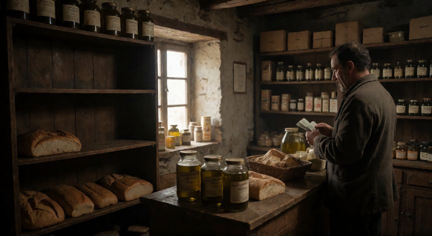 que paso despues de la guerra civil española, Tienda rural española de los años 40 mostrando la escasez de productos básicos