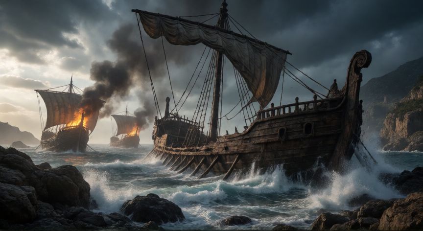 que paso despues de la guerra de troya, Barcos griegos naufragados tras la guerra de Troya en una costa rocosa