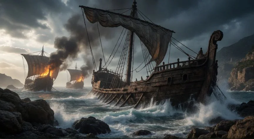 Barcos griegos naufragados tras la guerra de Troya en una costa rocosa