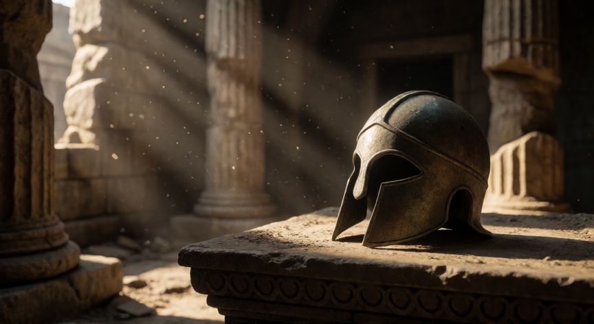que paso despues de la guerra de troya, Yelmo de bronce antiguo en un templo en ruinas simbolizando el fin de la era heroica