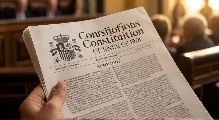 que paso despues de la muerte de franco, Manos sosteniendo la Constitución Española de 1978 en un contexto parlamentario