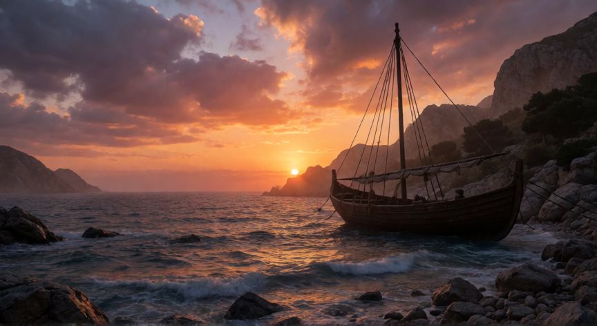que paso despues de la odisea, Barco de Ulises en la costa rocosa de Ítaca al atardecer