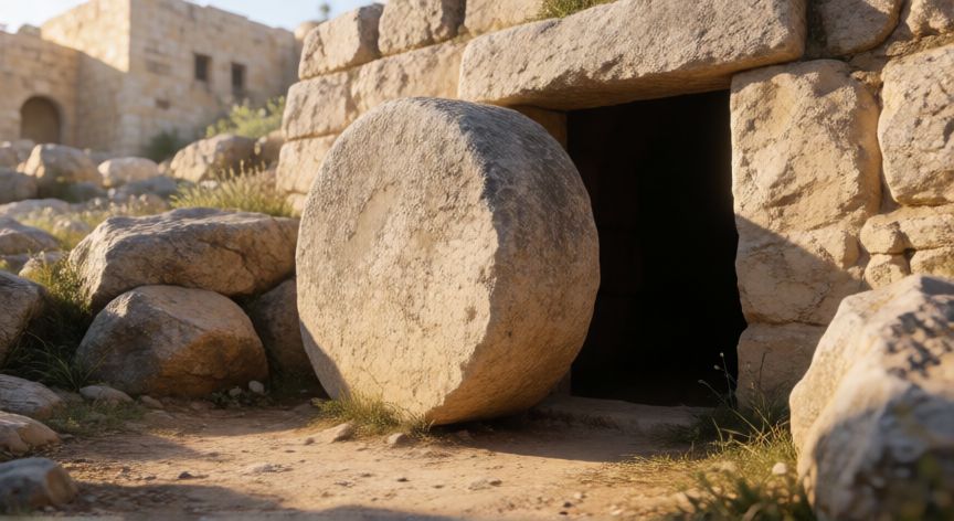 que paso despues de que jesus resucito, Sepulcro vacío de Jesús al amanecer con la piedra desplazada