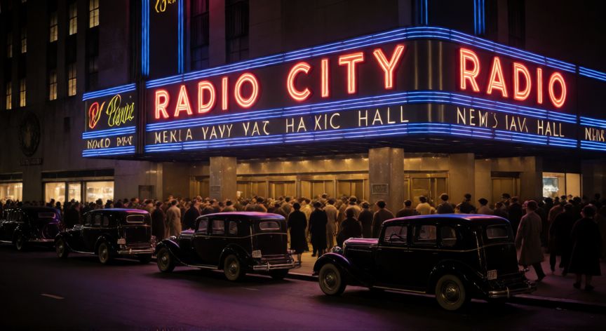 que paso el 08 de marzo, Fachada del Radio City Music Hall en Nueva York en la década de 1930