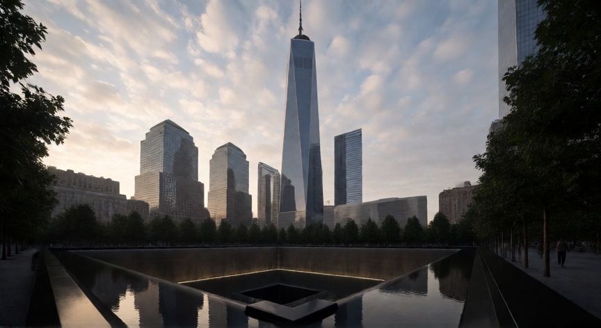 que paso el 11 de septiembre, Vista del Memorial del 11-S y el rascacielos One World Trade Center en Nueva York
