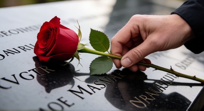 que paso el 11 de septiembre, Manos depositando una rosa roja en un memorial conmemorativo con nombres grabados