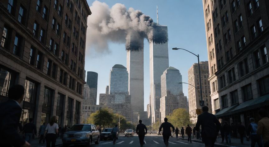que paso el 11 de septiembre del 2001, Torres Gemelas del World Trade Center con humo tras el impacto de los aviones terroristas