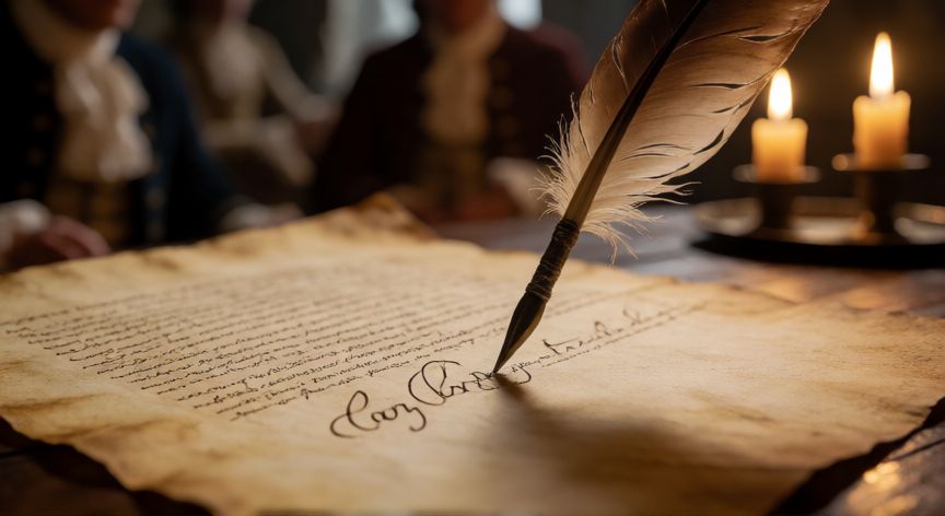 qué pasó el 4 de julio de 1776 en estados unidos, Pluma de ganso firmando la Declaración de Independencia sobre pergamino antiguo