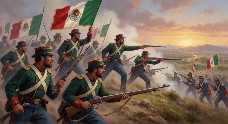 que paso el 5 de mayo en mexico, Ilustración histórica de la Batalla de Puebla entre soldados mexicanos y franceses