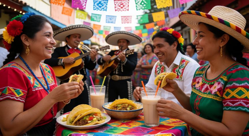 que paso el 5 de mayo en mexico, Celebración festiva del Cinco de Mayo con comida tradicional y música mexicana