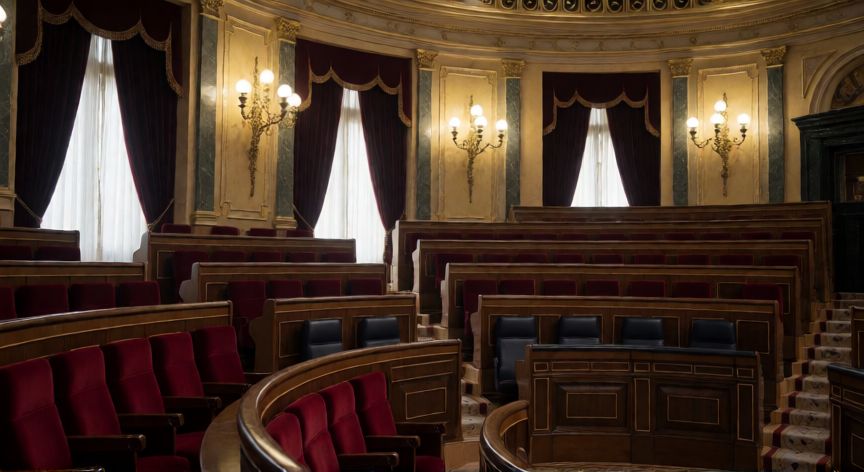 que paso el 6 de diciembre del 2021, Interior del Congreso de los Diputados en España con bancos rojos y ambiente solemne