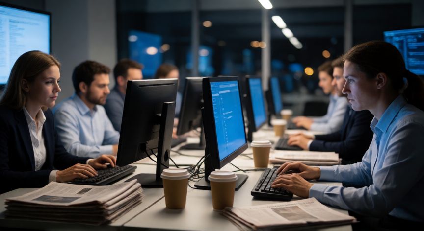 que paso el 6 de diciembre del 2021, Sala de prensa llena de periodistas trabajando en ordenadores durante una jornada intensa