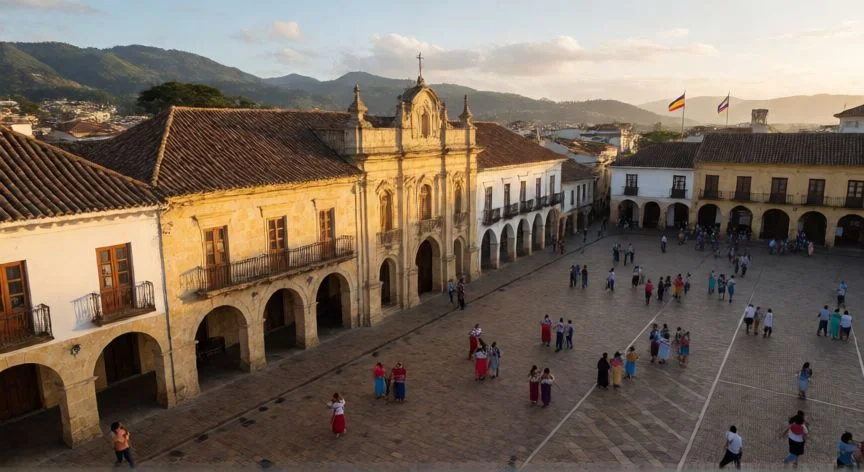 Plaza histórica en Colombia al atardecer con arquitectura colonial y gente paseando