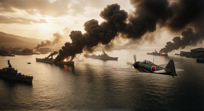que paso el 7 de diciembre de 1941, Aviones japoneses sobrevolando Pearl Harbor durante el ataque de 1941 con barcos ardiendo al fondo