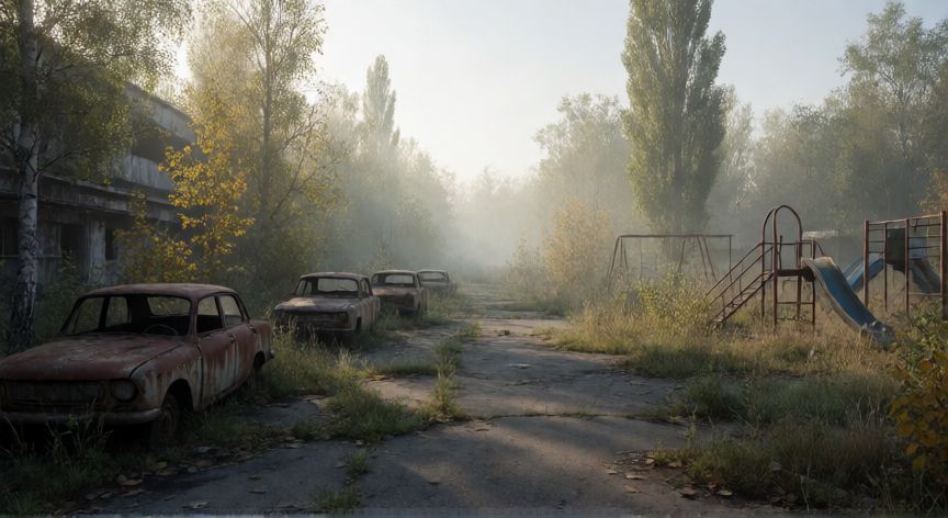 que paso en chernobyl, Calle abandonada en la ciudad fantasma de Pripyat después de la evacuación