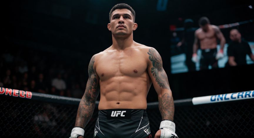 que paso ilia topuria, Ilia Topuria en el octágono de la UFC con expresión intensa