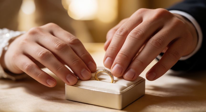 que paso ilia topuria y su esposa, Manos sosteniéndose con anillos de boda sobre una mesa con luz cálida