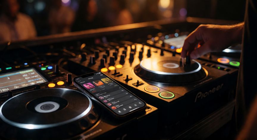 que paso jobbydj, DJ profesional usando JobbyDJ en su mesa de mezcla durante un evento nocturno