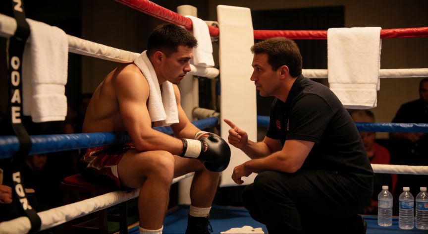 que paso kaos fight night, Entrenador dando instrucciones a un boxeador en la esquina del ring