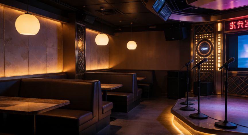 que paso karaoke bella luz, Interior de una sala de karaoke moderna y vacía con iluminación tenue