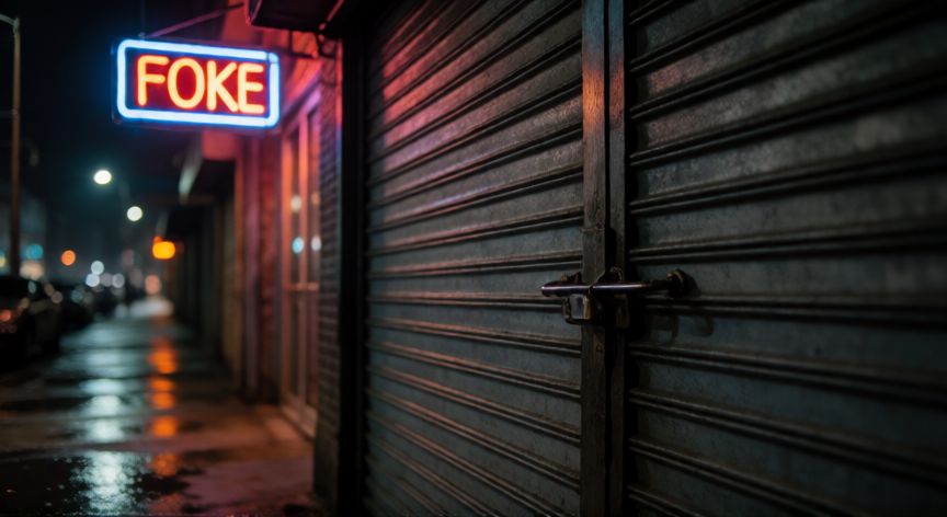 que paso karaoke bella luz, Fachada de un local cerrado por la noche con candado y calle húmeda