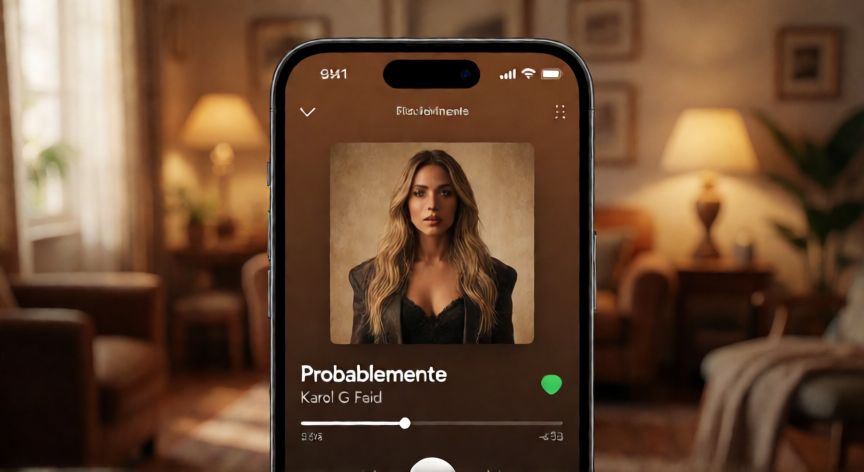 que paso karol g y feid, Pantalla de móvil mostrando la canción Probablemente de Karol G y Feid en una app musical