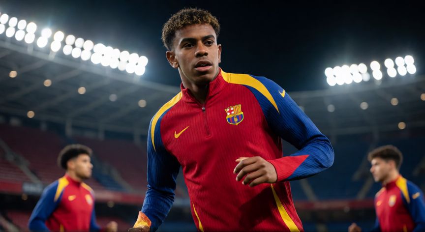 que paso lamine yamal, Lamine Yamal entrenando en el campo con equipación de fútbol