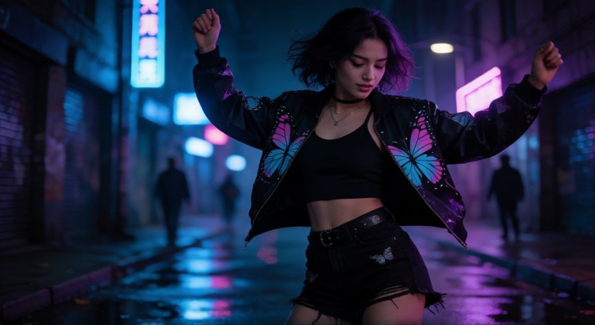 que paso letra papillon, Joven bailando en la calle nocturna con estética urbana y luces neón