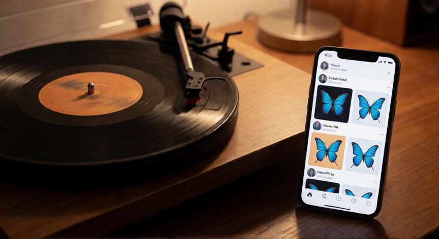 que paso letra papillon, Reproductor de vinilo y móvil mostrando redes sociales en una mesa de madera