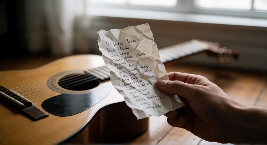 que paso letra sonido 2000, Mano sosteniendo una letra manuscrita junto a una guitarra clásica en un suelo de madera con luz natural suave