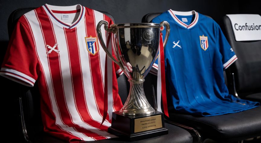 que paso malaga fulham, Camisetas de fútbol y trofeo en un vestuario iluminado dramáticamente