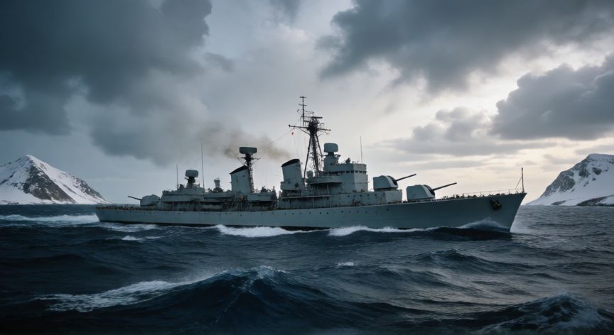 que paso malvinas, Buque de guerra argentino navegando cerca de las islas Malvinas durante el conflicto histórico