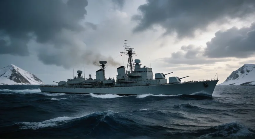 Buque de guerra argentino navegando cerca de las islas Malvinas durante el conflicto histórico
