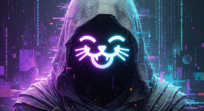 que paso master meme, Figura misteriosa con capa y símbolo de meme brillante en estilo arte digital futurista
