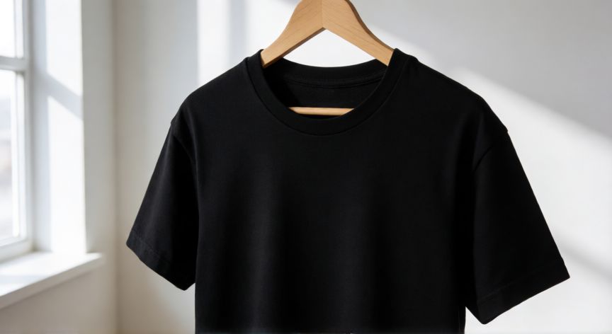 que paso negro en ingles, Camiseta negra colgada en un perchero de madera con luz natural
