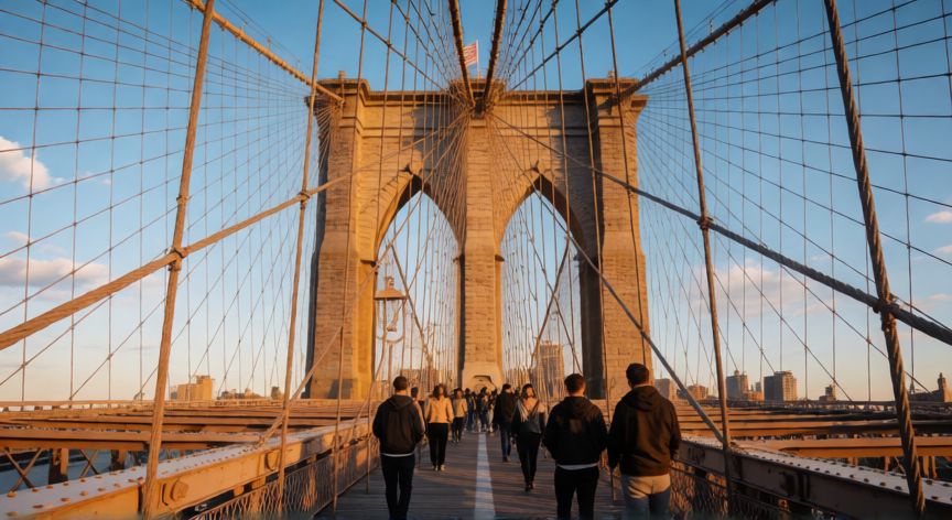 que paso por el puente de brooklyn, Vista del Puente de Brooklyn al atardecer con peatones