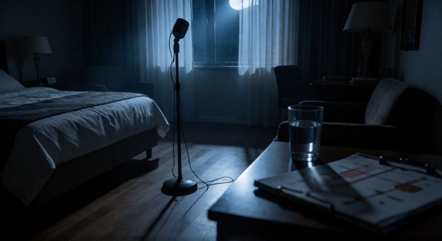 que paso realmente con michael jackson, Habitación de hotel oscura con micrófono y ambiente melancólico