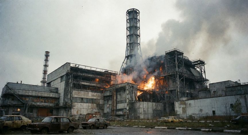 que paso realmente en chernobyl, Edificio del reactor 4 de la central nuclear de Chernóbil tras la explosión en 1986